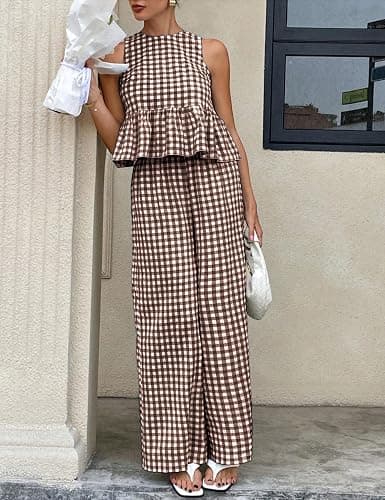 VATEAMI Womens 2 Piece Outfits Sets Gingham Plaid Sleeveless Ruffle Tank Tops and Wide Leg Pants Summer Matching Lounge Sets thumbnail 2