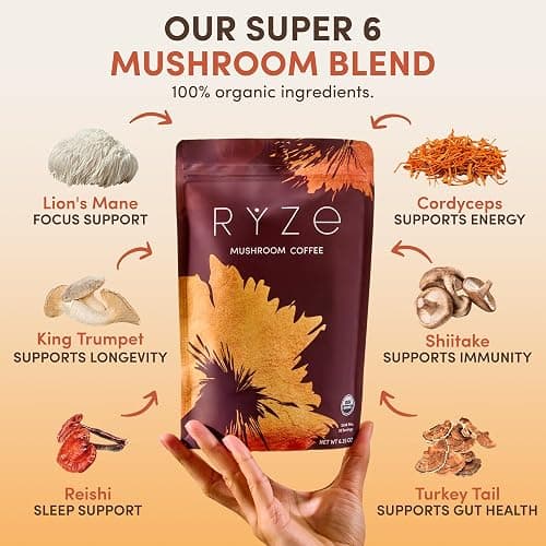 RYZE SUPERFOODS Mushroom Coffee USDA Organic with 6 Adaptogenic Mushrooms and MCT Oil, USA Grown Instant Coffee for Better Energy, Focus, Digestion, Immunity with Lions Mane & Turkey Tail, 30 servings thumbnail 2
