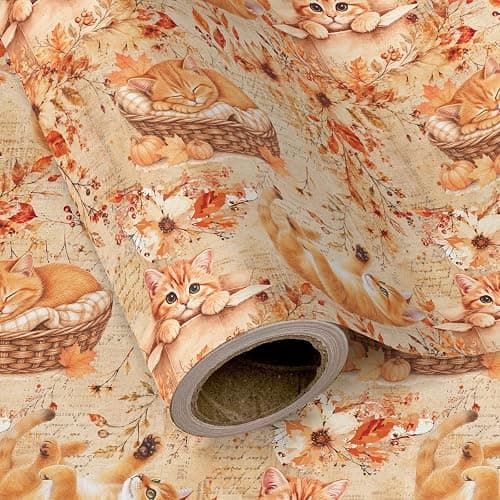 WRAPAHOLIC Kraft Fall Wrapping Paper Roll - Mini Roll - 17 Inch x 16.5 Feet - Cat, Autumn Maple Leaves, Pumpkin Wrapping Paper for Autumn, Thanksgiving, Party, Holiday - Image 1