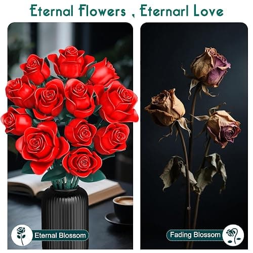 Kit de Construction Bouquet de Fleurs, 634 Pcs 12 Roses Rouges Décoratives pour Bureau ou Maison, Cadeaux pour Noël Enfants, Saint-Valentin pour Homme ou Femme, Adultes, Fête des Mères thumbnail 2