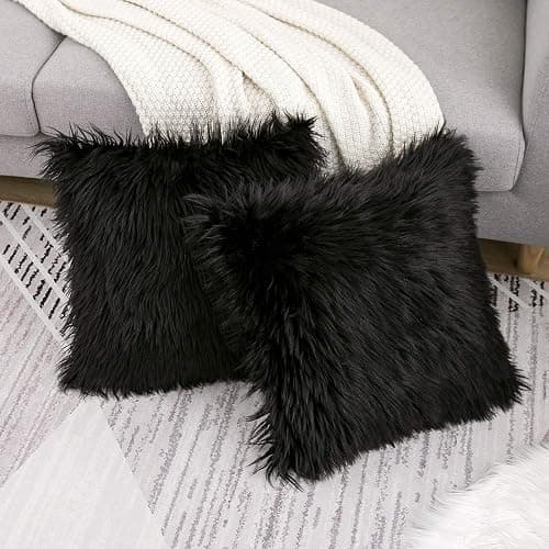 WLNUI Black Faux Fur Throw Pillow Covers 18x18 Inch Set of 2, Luxury Fluffy Shaggy Plush Cushion Cases for Couch Sofa Bed Living Room Decor, Soft Fuzzy Pillow Covers with Hidden Zipper thumbnail 3
