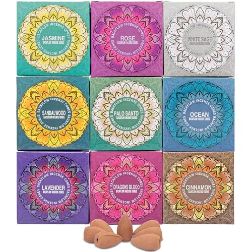Set of 9 Backflow Incense Cones Gift Variety Pack - White Sage, Dragons Blood, Palo Santo, Jasmine, Lavender, Ocean, Sandalwood, Cinnamon, Rose for Waterfall Aromatic Smoke Fountain Haze Falls - Image 1