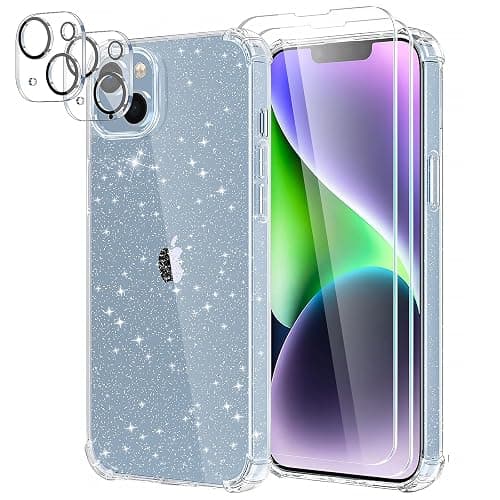 YIRSUR Coque Compatible avec iPhone 14 Plus Paillettes, avec 2 Verre Trempé Protection écran et 2 Caméra Arrière Protecteur, Transparent Glitter Etui Silicone TPU Bumper Antichoc Housse - Image 1