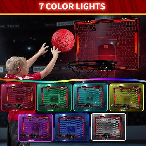 HYES Remote Control Basketball Hoop Indoor with 7 LED Lighting, Mini Basketball Hoop with Electronic Scoreboard, 3 Modes, Over Door Basketball Hoop, Basketball Toys Sport Gifts for Kids, Adults (red) thumbnail 2