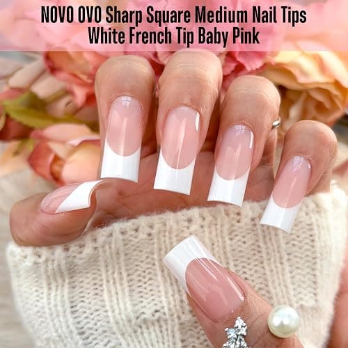 NOVO OVO Medium Sharp Square White French Tip Nail Tips Press on BABY PINK, Extra Thick NEED Builder Gel & Top Coat & Glue, Soft Gel Full Cover False Fake Nail Extension in Salon DIY x 15 Sizes 180 pc thumbnail 2
