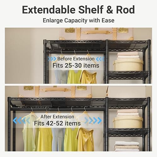 VIPEK X2 Expandable Reach-in Closet Racks Adjustable from 3'3" to 4'8" Portable Open Walk-in Closet Rack System with Flexible Shelves and Hanger Rods Clothing Rack for Hanging Clothes, Black thumbnail 6