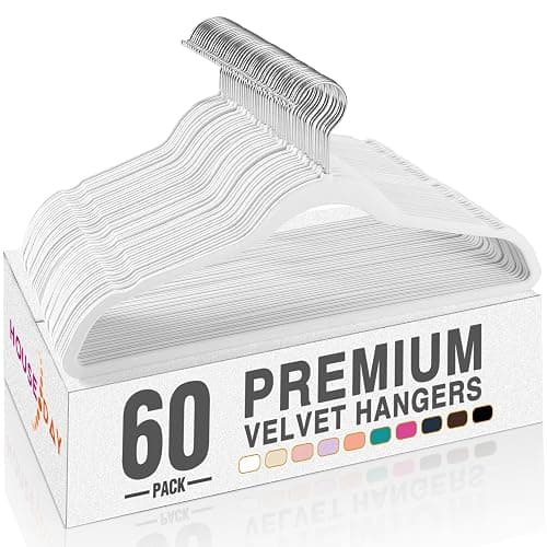 HOUSE DAY White Velvet Hangers 60 Pack, Non Slip Clothes Felt Hanger Heavy Duty for Coat, Premium Slim Space Saving Suit Hangers for Closet Organizer, 360° Rotating Silver Hook - Image 1