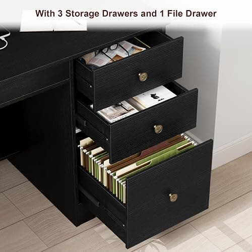 TTVIEW Computer Desk with Drawers and Hutch Shelf, Wood Executive Desk Writing Study Table with 43” Wide Tabletop, Small Desk with File Drawer for Home Office Bedroom, Black thumbnail 4