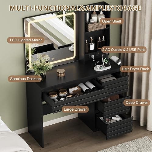 jmhdyg Makeup Vanity Desk with Lights, Fluted Vanity with 4 Drawers, Open Shelves, Power Outlet, LED Lighted Mirror, 3 Lighting Modes & Brightness Adjustable, Wood Dressing Table for Bedroom,Black thumbnail 3