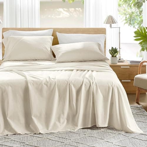 Comfort Spaces 100% Cotton Percale Sheets King Sheet Set 4 Pcs, Ivory | Crisp, Cool & Breathable Bed Sheets, 14" Deep Pocket Fits Up to 16" Mattress, Lightweight, All Season Cozy, with Pillow Case - Image 1