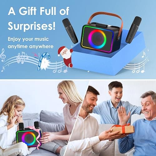Portable Bluetooth Karaoke Machine with 2 Wireless Microphones Power Amplifiers for Adults & Kids Toys with LED,Karaoke Microphones Power Amplifiers Supports USB/TF/AUX,Gift for Party (Black) thumbnail 7