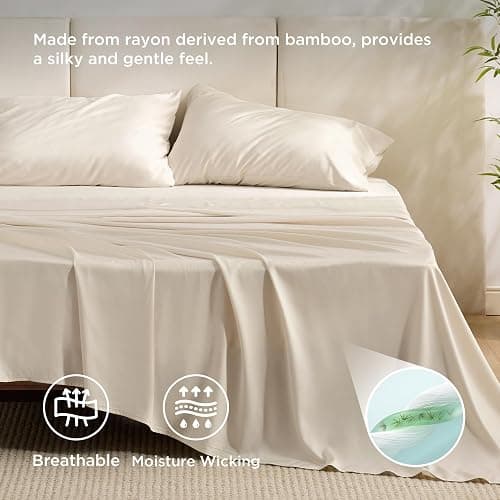 Bedsure Queen Sheet Set, Rayon Derived from Bamboo, Cooling Sheets, PureWoven, Breathable & Soft, Deep Pocket Up to 16", Hotel Luxury Silky Bedding for Hot Sleepers, Light Beige thumbnail 3