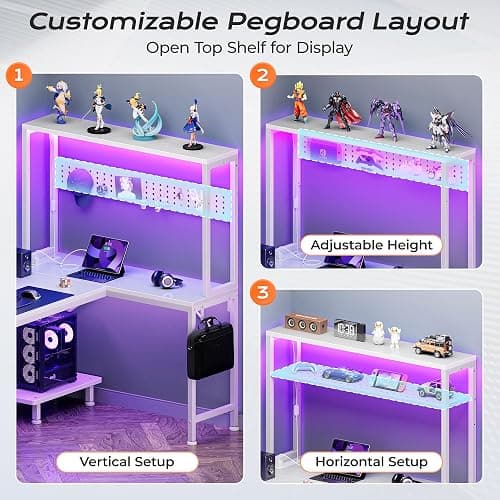 PRAISUN L Shaped Gaming Desk with LED Lights & Power Outlets | Reversible Computer Desk with Storage Shelves & Bag, Large Corner Home Office Desk with Pegboard for Work from Home, White thumbnail 8