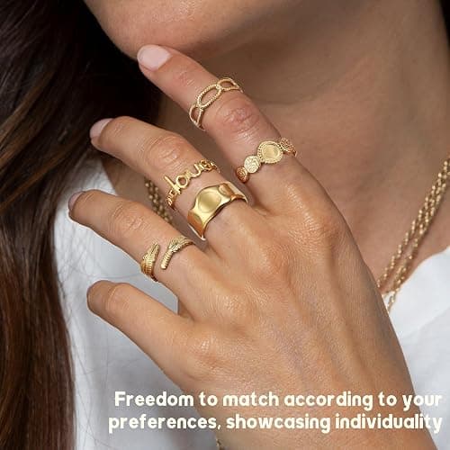 Besteel 18K Gold Plated Rings for Women, Stainless Steel Statement Rings Pack Stacking Boho Midi Rings Adjustable Open Ring Band Twisted Signet Rings Non Tarnish Gold Rings thumbnail 4