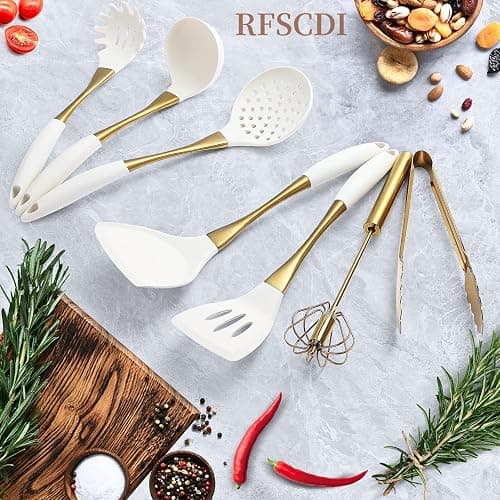 Elegant White Gold Silicone Cooking Utensils Set - Non-Toxic, Dishwasher Safe Kitchen Utensils Set with Heat Resistant Comfort Handles - Includes Spatula & Spoon for Nonstick Cookware thumbnail 2
