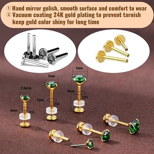 KaseStyle 20G Flat Back Earrings Studs 18G Nose Rings 24K Gold Plating 3 Pairs Titanium Threadless 16G Cartilage Earrings for Women Men Tragus Conch Helix Medusa Lip Piercing Jewelry thumbnail 4