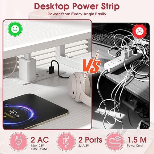 DurayLoly 47" White Computer Desk with 2 Acrylic Cabinet & 3 Fabric Drawers | Integrates Ample Storage & Display, Great Fit for Small Spaces, Outlets Suitable for Studying, Working & Gaming Equipments thumbnail 5