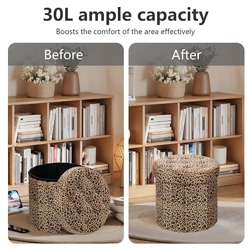 AmasSmile Storage Ottoman Folding Foot Rest Stool, 14x14x13 inch Small Velvet Footstool Bench, Short Ottoman Bench, Storage Foot Rest Store, Blanket Chest, Leopard Print thumbnail 5