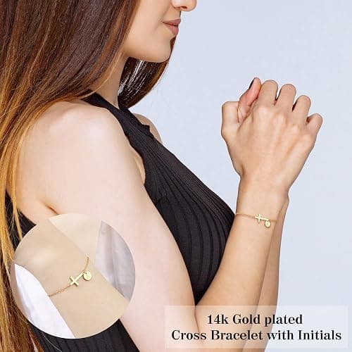 Sotcking Stuffers for Teens, Cross Bracelet for Women Dainty Cross Bracelet with Initials Link Chain Bracelets Christian Gifts for Women Teens Easter Baptism Religious Jewelry thumbnail 5