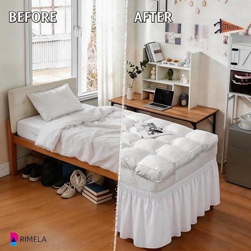 RIMELA Twin XL Dorm Bed Skirt - 32 Inch Drop, Easy Install Wrap Around Elastic Dust Ruffle, White Silky Solid Fabric Machine Washable, Bedroom Decor thumbnail 2