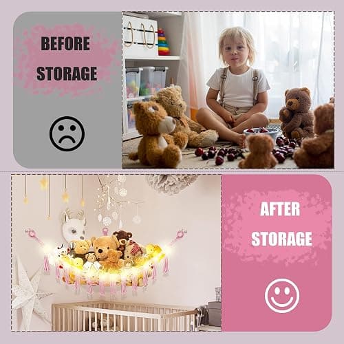 CERETIA Stuffed Animal Hammock with LED Light, Large Stuffed Animals Storage Corner Plushie Net for Kids Room Decor, 2 Packs Pink thumbnail 5