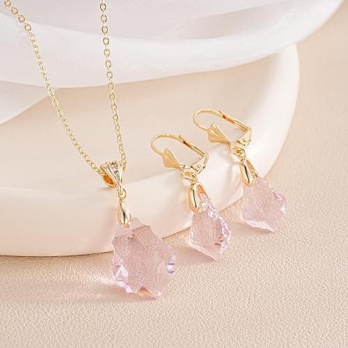 EVEVIC Austrian Crystals Baroque Pendant Necklace Earrings for Women 14K Gold Plated Hypoallergenic Leverback Drop Dangle Earrings Jewelry Set thumbnail 3