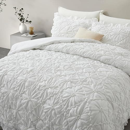 BEDAZZLED Queen Size Comforter Sets, White Bedding Comforter Set, 3 Pieces Pinch Pleat Bedding Sets with Comforter and Pillowcases Soft Farmhouse Shabby Chic Comforter for All Season thumbnail 7