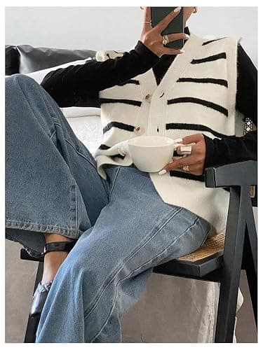 SHENHE Women's Striped Sweater Vest Sleeveless Button Up Dressy Casual Knit Vest Cardigan thumbnail 4