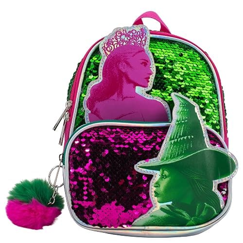 AI ACCESSORY INNOVATIONS Wicked 9” Micro Mini Backpack Purse Featuring Glinda & Elphaba 3D Character Patches, Shiney Sequins, & Pompom Dangle - Image 1