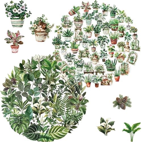 100PCS Green Plant Transparent Stickers,Potted Plant Floral Decals Stickers for Scrapbook Laptop Water Bottles Phone Guitar Decals for Kids Teens Adults (Green Plants) - Image 1