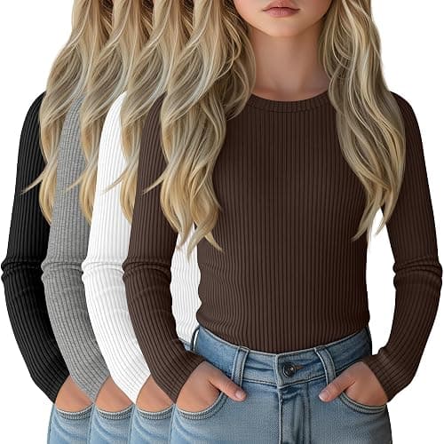 LessonZoo 4 Pack Girls Long Sleeve Shirts Ribbed Knit Cotton Crewneck Tops Slim Fit Soft Casual Kids Base Layer Undershirts - Image 1