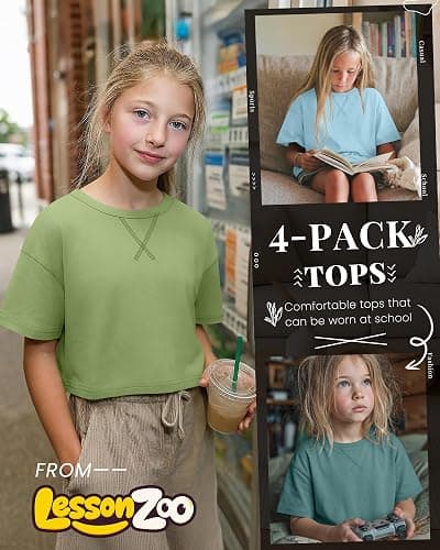LessonZoo 4 Pack Girls Crop Tops 5-14Y Short Sleeve T-Shirts Tween Crew Neck Teen Oversized Cute Cropped Summer Athletic Tee thumbnail 6