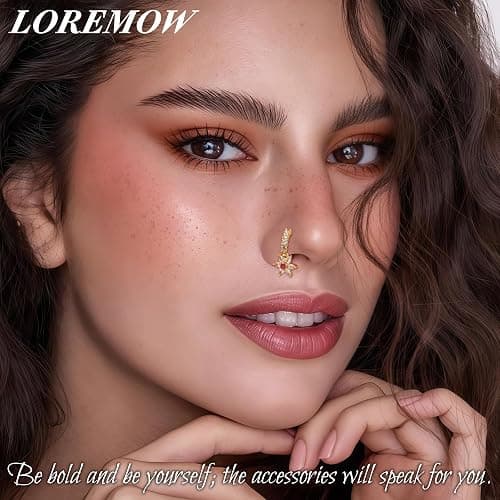 LOREMOW 25Pcs 20G Gold Dangle Nose Ring for Women Men Surgical Steel L Shaped Nose Stud CZ Flower Teardrop Dangling Nose Rings Moon Star Nose Rings Hoop Hypoallergenic Cross Heart Butterfly Dangle Nose Piercing Jewelry thumbnail 6