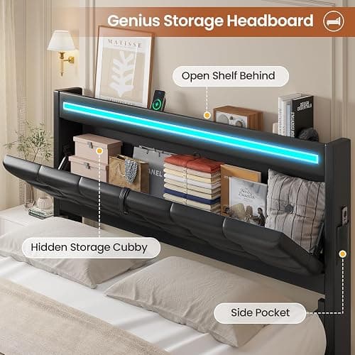 ADORNEVE Queen Bed Frame with Storage Headboard & 4 Drawers, LED Bed Frame Queen with Charging Station, Leather Upholstered Platform Bed Frame with Button Tufted, No Box Spring Needed, Black PU thumbnail 3