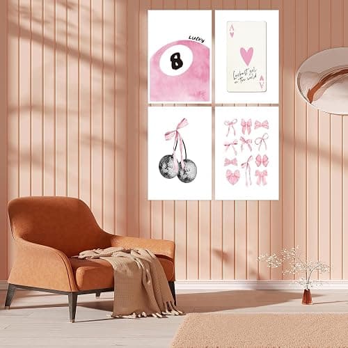 Set of 4 Pink Canvas Wall Art Coquette Room Decor Aesthetic Canvas Wall Art Set Of 4 Preppy Pink Bow Heart Ace A Poker Pictures Girly Cute Posters Coquette Wall Decor 8x10in Unframed thumbnail 5