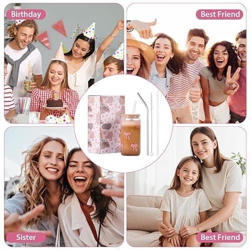 GLECTG Cute Pink Bow Glass Cups with Lids & Straws, Aesthetic Iced Coffee Cup, Girly Preppy Design Tumbler Mug, Birthday Valentine Gifts for Women, Teen Girl Gifts Trendy Stuff thumbnail 5