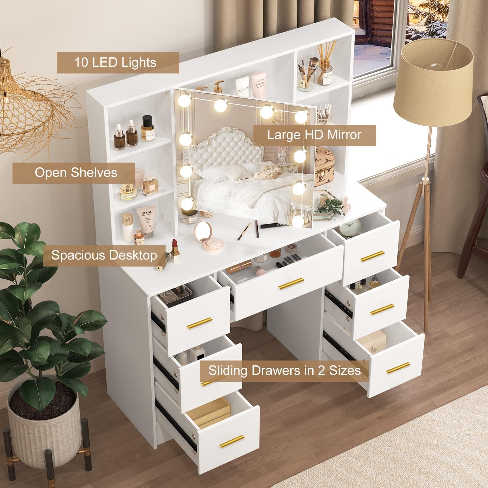 Umeiga Large Vanity Table, Vanity Desk with Sliding Mirror and Lights, 3 Adjustable Light Modes, 7 Drawers 8 Open Shelves, 3 Hidding Shelves, Makeup Desk with Metal Handles for Girls and Women, White thumbnail 4