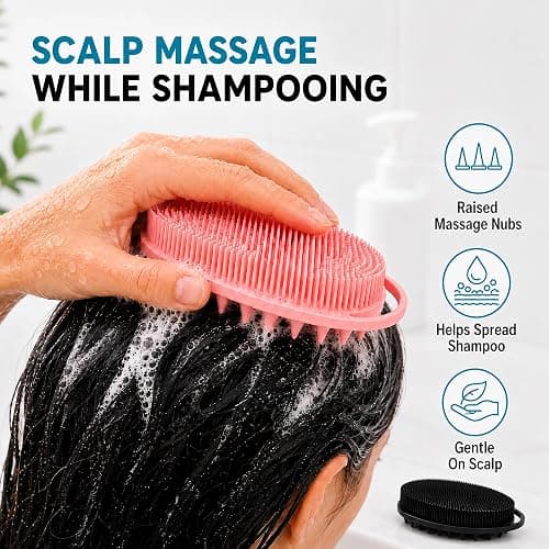 2 Pack Silicone Body Scrubber, Loofah Double-Sided Body Brush,Shower Scrubber and Scalp Massager Shampoo Brush for Sensitive Kids Women Men All Kinds of Skin (Black & Pink) thumbnail 5
