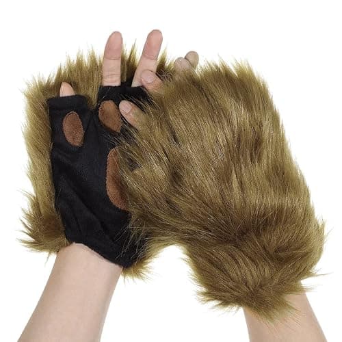 PURFUN Fuzzy Faux Fur Paw Gloves, Men Women Halloween Costume Bear Cat Claw Mittens Winter Warm Plush Half Finger Gloves - Image 1