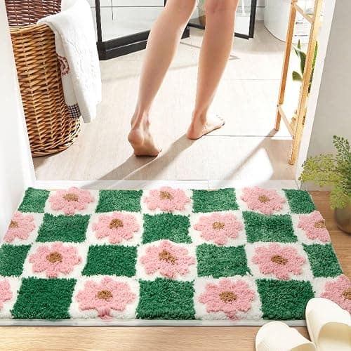 ORTIGIA Cute Green Bathroom Rug Checkered Pink Floral Bath Mat Soft Microfiber Non Slip Washable Absorbent Rugs for Laundry Sink Floor Decor, 20x32 inch thumbnail 6