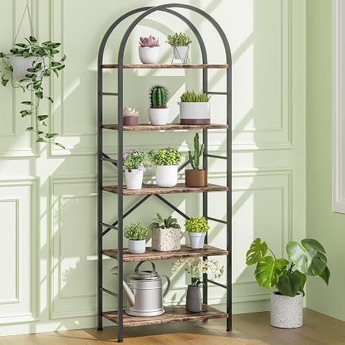 Shintenchi Bookshelf, Arched Bookshelf 5 Tier Bookcase, Tall Shelf for CDs/Books, Home Office Shelf Storage Organizer, Modern Book Shelf for Bedroom/Living Room, Rustic Brown thumbnail 9