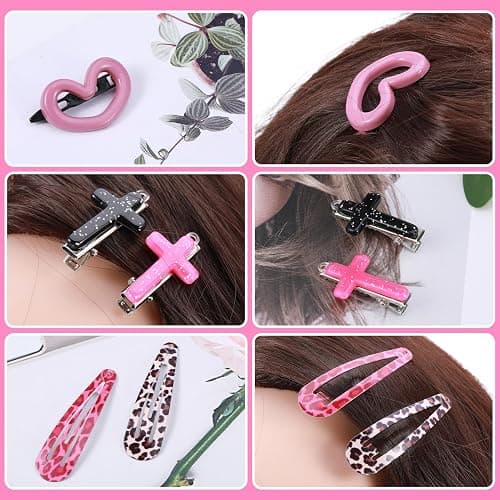 FRIUSATE 22 Pcs Y2k Pink Hair Clips Set Kawaii Hair, Love Star Cross Hair Clip Diy Handmade Accessories Guitar Pendant, Star Claw Clip Hairpin Snake Hair Clip, for Girls Hairstyle Accessory Gifts thumbnail 3