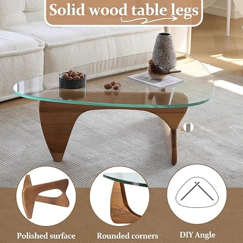 Triangle Coffee Table in Walnut Mid Century Modern Solid Wood Base and Triangle Clear Glass Coffee Table for Living Room Low Minimalist Tea Table Coffee Tables (32.3 * 22.4 * 16, Walnut Teal) thumbnail 4