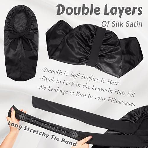 PHILIGHTS Long Satin Bonnet with Tie Band, Reversible Silk Hair Bonnet for Sleeping Women with Curly or Braided Hair thumbnail 3