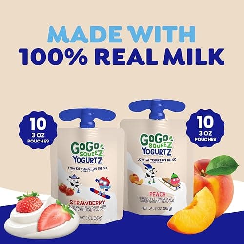 GoGo squeeZ Low Fat YogurtZ Variety Pack, 3 oz Pouches, 20 Count | Kids snack, strawberry & peach flavor, real yogurt & fruit; no fridge needed, gluten and nut free, recloseable cap, BPA-free thumbnail 5