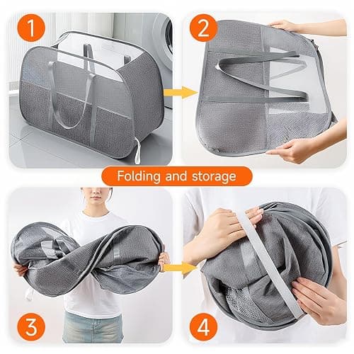 Foldable Laundry Basket with Mesh Window, Large Capacity 95L Dirty Clothes Hamper with Handles, Sturdy Steel Frame,Collapsible Laundry Hamper for Bedroom,Bathroom,Home,Dorm (Beige) thumbnail 9