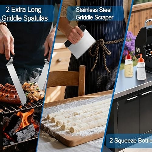 BBQ Griddle Tool Set - 2 Spatulas, 2 Squeeze Bottles & 1 Scraper | Heavy-Duty Stainless Steel Accessories for Flat Top Cookin thumbnail 2