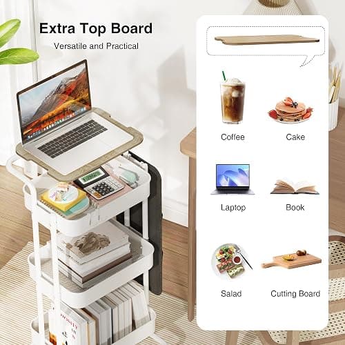 DTK 3 Tier Metal Utility Rolling Cart with Table Top and Side Bags, Metal Tray Storage Organizer Cart with Wheels, Art Craft Cart with 4 Hooks for Kitchen Bathroom Office Living Room (White) thumbnail 4