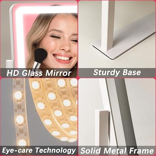 ROLOVE Vanity Mirror with Lights, 12.6"x15" LED Makeup Mirror with Lights, Smart Touch Control 3 Color Dimmable, Lighted Desk Mirror for Bedroom, Light Up Mirror thumbnail 7