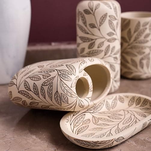 Hymmah Bathroom Accessories Set,Toothbrush Holder,Farmhouse Bathroom Decor,4 Pcs Resin Gift Set Apartment Necessities, Contain Toothbrush Cup,Soap Dispenser,Soap Dish,Tumbler thumbnail 5
